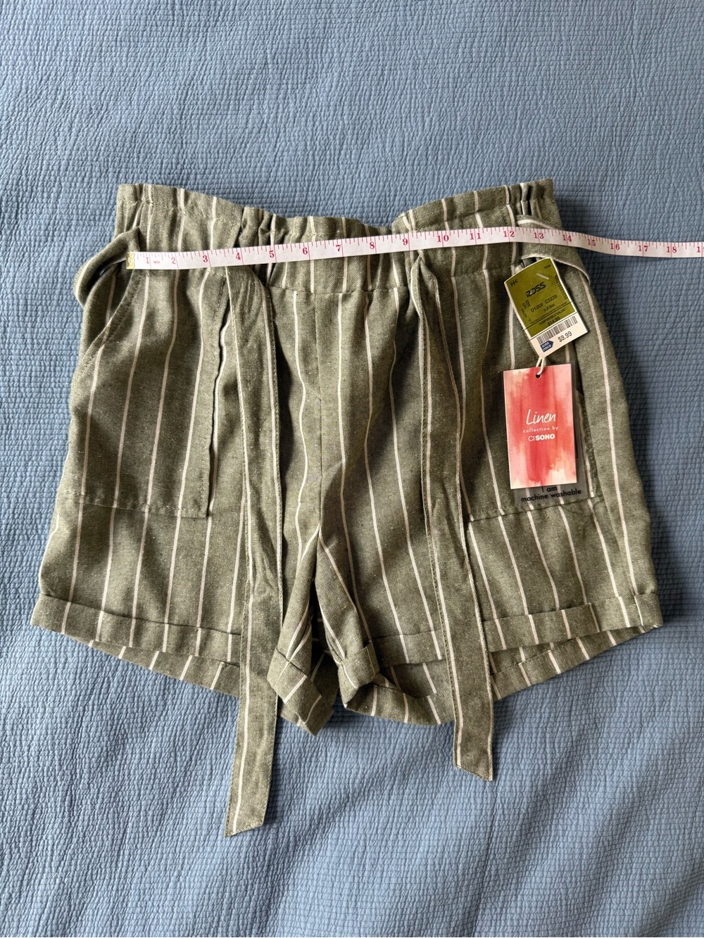 Ci Sono Olive Green & White Striped High Waist Tie Shorts